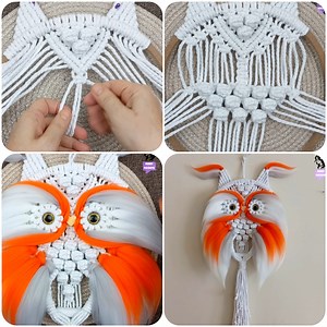 Macrame owl tutorial 🦉 14×3 m for body 2×125 cm for eyes 3 mm 3 twist white macrame rope Felt dimensions For eye area 6 white 2 orange 1 gray 25 cm felt For body 5 white 2 orange 1 gray 50 cm felt 26 cm wooden hoop 2×4 cm wooden hoop | Hobby Knitting Decoration Ideas