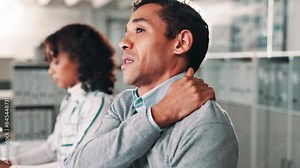 Businessman, shoulder pain and injury with strain in stress, joint ache or inflammation at office. Frustrated man or employee with sore cramp, arthritis or muscle tension and broken bone at workplace