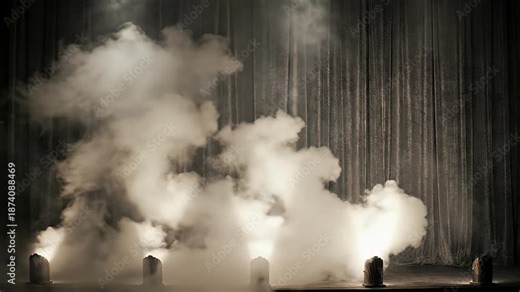 A dramatic and atmospheric scene unfolds on an empty stage, where thick, billowy smoke rises gracefully from the floor, creating a mesmerizing cloud effect. Multiple powerful spotlights cast upward be