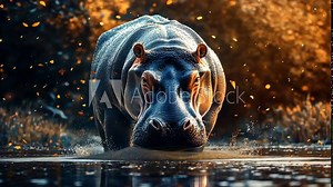 A large hippopotamus runs through a shallow body of water, sending up sprays of water with each stride