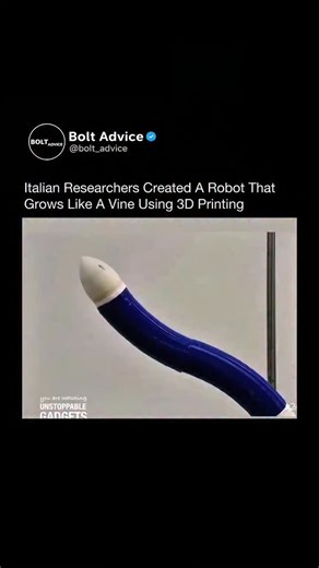 Bolt Advice - Moied Rai on Instagram: "Follow (US) everyday! @bolt_advice to learn something new 👇👇 Researchers in Italy have developed a vine-like soft robot that can literally "grow" itself using 3D printing while sensing and responding to its environment. Instead of traditional wheels or legs, the robot continuously adds material at its tip, extending forward much like a plant shoots out a vine. It can detect light and gravity,allowing it to navigate spaces and adjust its direction without