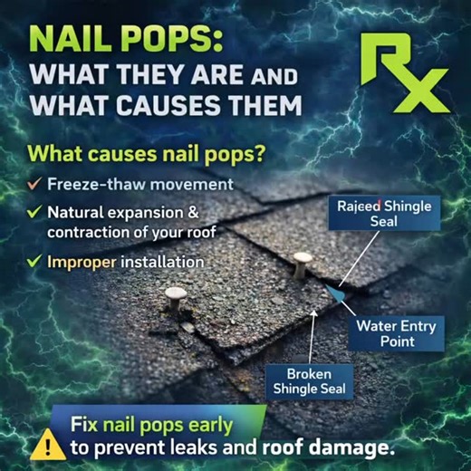 What is a nail pop — and why does it matter? 🔍🏠 A nail pop happens when the roofing nail backs out of the wood deck beneath your shingles. When that nail lifts, it pushes the shingle up and creates an opening where water can enter. 💧 What causes nail pops? • Wisconsin freeze-thaw cycles ❄️➡️☀️ • Natural expansion and contraction of your roof • Aging materials over time • Improper original installation • Ventilation issues in your attic Why this matters: Even a small nail pop can break the sea