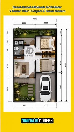 6x10 Meter Minimalist House Plan | 2 Bedrooms + Carport & Modern Garden #houseplan