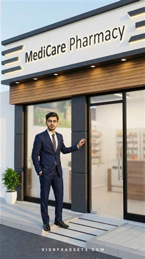 Premium Modern Pharmacy Storefront Design with Wooden Panel & Glass Entrance