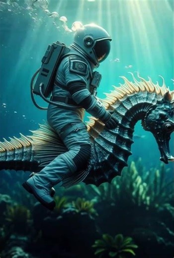 An Astronaut In A spacesuit Rides A Seahorse Underwater