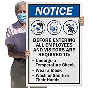 SmartSign - EZBL “Notice - Before Entering All Employees and Visitors are Required to Wear A Mask, Undergo Temperature Check, Wash or Sanitize Hands” Large Sign | 24" x 36" Corrugated Plastic