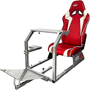 GTR Simulator GTA Model Silver Frame with Adjustable Red White Leatherette Racing Seat Racing Driving Gaming Simulator Cockpit Chair