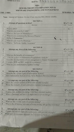Software Engineering and Management Question Paper