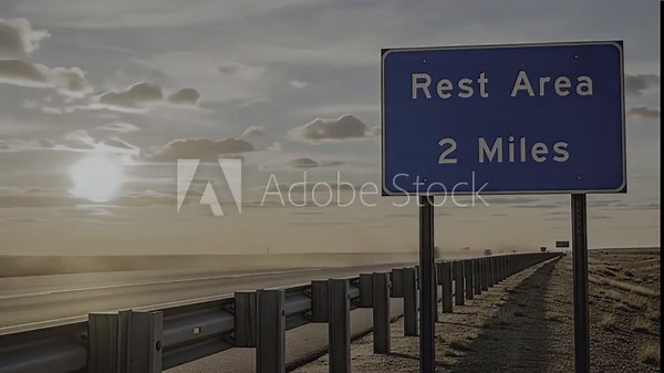 Sunset Over Highway Rest Area Sign Indicating Two Miles in Open Landscape