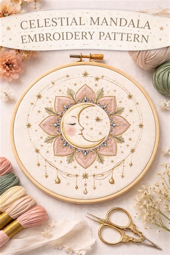 Celestial Moon Pattern PDF, Mandala Hoop Art, Beginner Embroidery Design, DIY Digital Download - Etsy