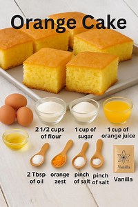 ⸻ Orange Cake Recipe Ingredients • 3 large eggs • 1 cup granulated sugar • 1 cup fresh orange juice • 1/2 cup vegetable oil • 2 1/2 cups all-purpose flour • 2 tablespoons cornstarch • 1 tablespoon baking powder • Zest of 1 orange • 1 teaspoon alcohol-free vanilla • A pinch of salt ⸻ Instructions 1. Preheat the oven to 170°C (340°F). Grease and line a baking pan. 2. In a bowl, whisk the eggs with sugar until light and fluffy. 3. Add orange juice, oil, and vanilla. Mix well. 4. In another bowl, si