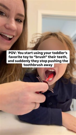Sometimes the problem isn’t brushing… it’s who is doing the brushing. Toddlers will fight a toothbrush coming from mom or dad…but a toothbrush controlled by their favorite character? Immediate cooperation. 🙌 I hold whatever they’re obsessed with onto the toothbrush so it looks like the toy is brushing. 🚘 Toy car brushing. 🧸 Lovey brushing. 🐙 Tonight it was a paper octopus 😆 The second the toy takes over, the swatting stops and they let you actually clean their teeth. It turns brushing into 