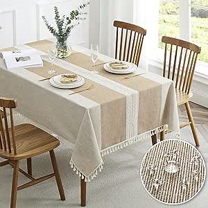 QIANQUHUI Embroidered Tablecloth for Dining Table,Dust Proof Spillproof Soil Resistant Cotton Linen Rectangle Table Cloths (Coffee, Rectangle/Oblong, 55'x102'', 8-10 Seats)