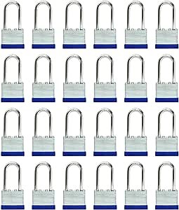LanuBe Laminated Padlock 1-9/16inch (40mm) Long Shackle 24 Pack Keyed Alike, Blue Plastic Hoop, Bulk Locks for Warehouse, School