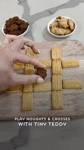 Share a moment of fun with the kids these school holidays with this easy noughts & crosses game idea! Played with Honey Tiny Teddy, Chocolate Tiny Teddy and Mini Scotch Finger biscuits 😍 #game #gameidea #fun #schoolholidays #holidays #holidayfun #kids #kidsideas #kidsgame #kidsgameideas #scotchfinger #tinyteddys #noughtsandcrosses | Arnott's Biscuits