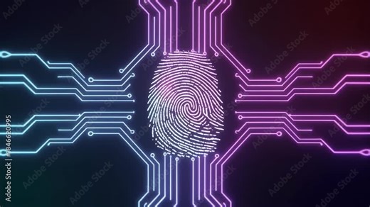 A biometric fingerprint forms gradually through animated circuit-like lines in a gentle, minimal environment.