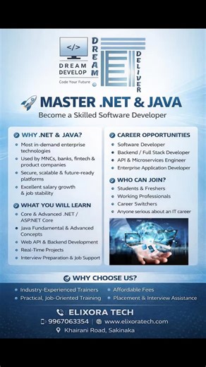 Elixora Tech on Instagram: "🚀 MASTER .NET & JAVA Build a Powerful Career in Software Development 🔹 Why Learn .NET & Java? 👉Industry-leading technologies used by top MNCs 👉High demand in banking, fintech, e-commerce & enterprise projects 👉Secure, scalable & future-ready development platforms 👉Excellent career growth with attractive salary packages 🔹 What You Will Learn 👉Core & Advanced .NET / ASP.NET Core 👉Java Fundamentals & Advanced Concepts 👉Web APIs & Backend Development 👉Real-time