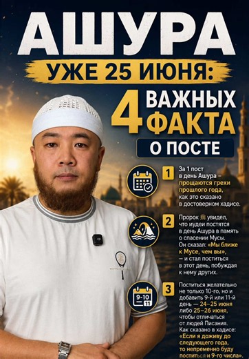 Уже 25 июня — день Ашура. Это один из великих дней месяца Мухаррам, в который Пророк ﷺ сам постился и побуждал к этому других. В этом рилсе — 4 коротких факта про пост Ашура: — почему он так важен, — в какие дни лучше поститься, — и что действительно пришло в Сунне об этом дне. Пусть Аллах даст нам не упустить этот пост и принять его. Сохраните, чтобы не забыть, и отправьте тем, кому это будет полезно. #ашура #мухаррам #посташура #ислам #мусульмане