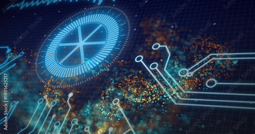 Glowing HUD dial pulsing while teal and orange clouds colliding, circuits forming, showing data