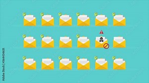 Email / envelope with black document and skull icon. Virus, malware, email fraud, e-mail spam, phishing scam, hacker attack concept. Animation