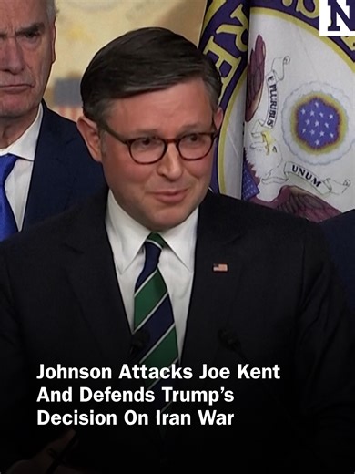 House Speaker Mike Johnson defends President Donald Trump's decision's on war with Iran after top counterterrorism official Joe Kent resigns. #DonaldTrump #Iran #News #Newsweek