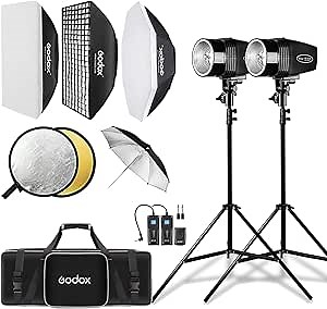 Amazon.com : Godox Studio Flash Light Kit for Photography, Strobe Softbox Lighting Kit, 2x180W Daylight Compact Monolight with Flash Trigger, Softbox, Light Stands, Reflector Storage Bag, Umbrella, AC 110V Powered : Electronics