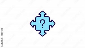 Animated direction color icon. Multiple routes. Question mark with arrows. Seamless loop HD video with alpha channel on transparent background. Simple filled line motion graphic animation