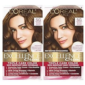 L'Oreal Paris Excellence Crème Permanent Hair Dye, Triple Care Hair Color with Pro-Keratine Complex for 100% Gray Hair Coverage, 5G Medium Golden Brown, 1 Kit (Pack of 2)