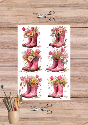 Rice Paper for Decoupage - Floral Wellington Boots Design - Spring Garden Motif - Cardmaking Supplies Collage - 5638 - Etsy UK