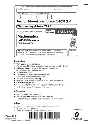 EDEXCEL GCSE Maths 2025 Paper 2 FoundATIon 1ma1 2f Exam Paper Official 2025 2026