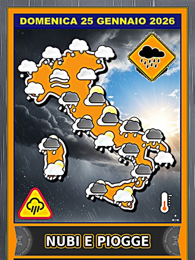 #Previsioni #Meteo per Domenica 25 Gennaio 2026 • Molte Piogge e Anche Neve • #Pioggia #Neve #Instabile • Marcata instabilità con molte nubi e piogge su buona parte d'Italia, a tratti persistenti e diffuse, soprattutto al centro-sud e sulle isole. Ancora neve a bassa quota al nord, causa sacche fredde, ed in calo fino ad 800m in Appennino. Temperature in lieve diminuzione con venti forti tra ovest e sud-ovest.. #PrevisioniMeteo #PerTe #MeteoGrad Puoi visualizzare le Previsioni Meteo in dettagio 