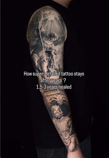 How super detailed realism tattoo stays on skin after years？ This example is all 1.5-3 years old healed No touch up ，everything in one pass Ink is pantheraink No AI Enhance，No Editing #tattoo #healedtattoo #tattoosleeve #art #tattooing