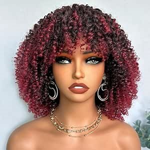 SOKU Short Kinky Curly Hair Wig with Bangs 10 Inch Ombre Burgundy Pink Red Afro Curly Wigs for Black Women Glueless Ready to Wear for Daily Party