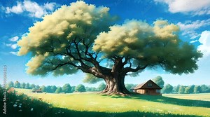 green tree background. 4k infinite loop animation footage. Japanese anime style