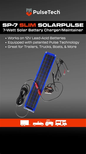 𝗦𝗛𝗢𝗣 𝗧𝗛𝗘 𝗦𝗣-𝟳 𝗦𝗟𝗜𝗠 𝗔𝗧 𝗣𝗨𝗟𝗦𝗘𝗧𝗘𝗖𝗛.𝗖𝗢𝗠 The Best Solar Battery Charger for trucks, trailers, heavy equipment and more. Shop PulseTech's SP-7 Slim Solar Battery Charger & Maintainer and other advanced battery solutions at PulseTech.com 🔋Delivers 7-watts of power 🔋Save $$$ and avoid costly replacements 🔋Extend battery life by up to 3X 🔋Pulse Technology cleans the battery of harmful lead sulfate crystals from inside the battery plate 🔋Built tough for outdoor conditions 
