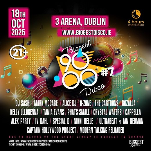 Just Announced🪩 Biggest Disco returns to #3Arena on Saturday, 18 October 2025. Don’t miss your chance to be part of the ultimate 90's - 00's throwback. 🎫 Three Presale - Wednesday at 10am 🎟️ General sale - Friday at 10am | 3Arena
