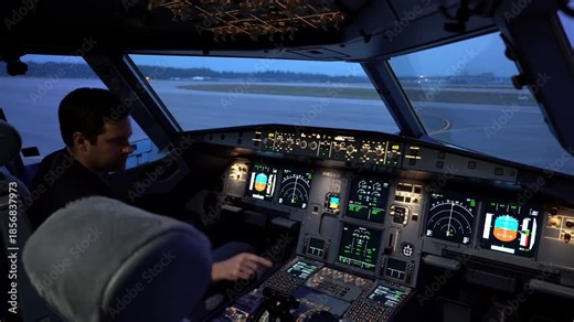 An Inside Look at a Modern Cockpit During Early Evening: A Pilot Operates Advanced Flight Controls, Preparing for Takeoff in a Sophisticated Aircraft.