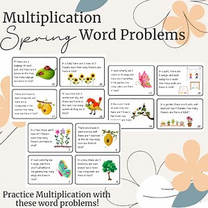 Spring Multiplication Word Problems Task Cards, Seasonal Math Centers Activities