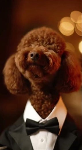Scene 1: Video prompt: Medium shot, photorealistic brown poodle wearing a tuxedo sitting upright at