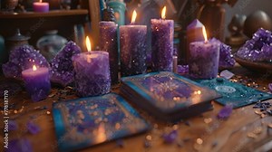 Tarot cards with candle light purple colors. fortuneteller reads fortunes by tarot cards and candles on the background. Astrology occult magic spiritual horoscopes and palm reading 4k video beauty