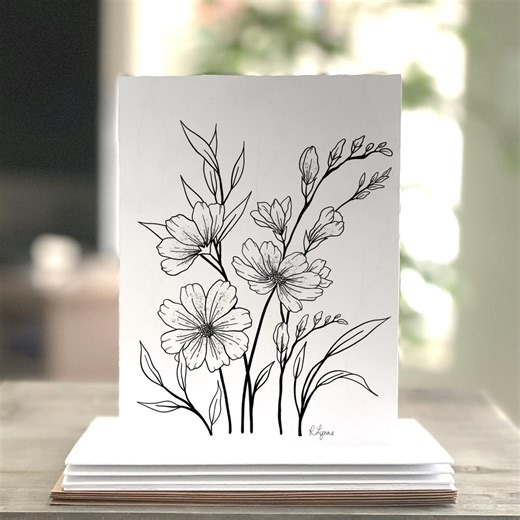 Cosmos and Freesia Flowers Notecards - Original Ink Drawing - Handmade Art Note Cards - Set of 6 Note Cards - Etsy