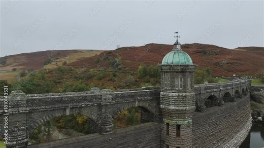 Autumn over Craig Goch Dam from a drone, Elan Valley Reservoirs, Elan Valley, Rhayader, Powys, Wales