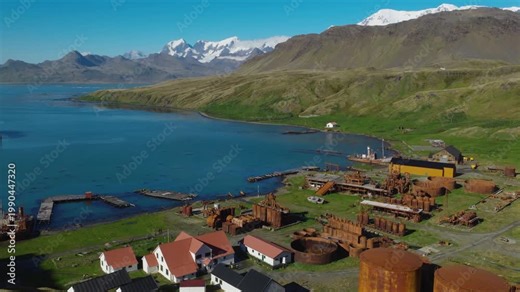 Drone video of Grytviken. A whaling station and the largest settlement on the sub-Antarctic island of South Georgia in the South Atlantic.