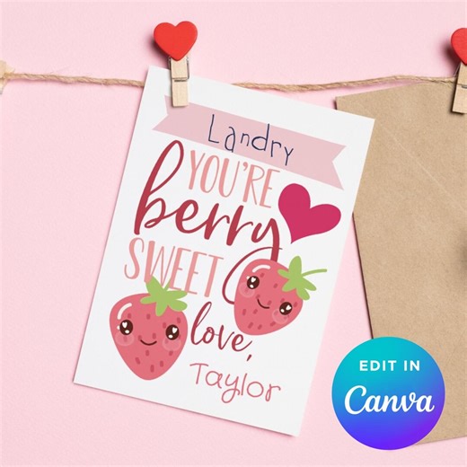Berry Sweet Strawberry Classroom Valentine Card | Cute Canva Printable | School Valentine Exchange - Etsy