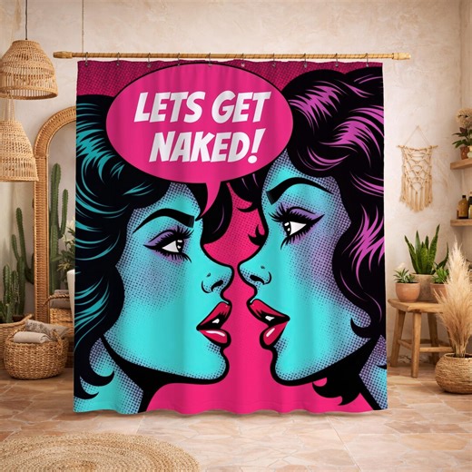 Pop Art Shower Curtain Comic Book Women Lets Get Naked Pink Cyan Retro Decor - Etsy