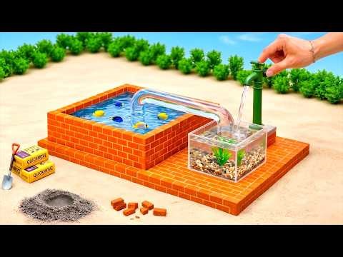 DIY Mini Tractor Builds an Aquarium with Transparent Water Pump & Concrete Bridge | Science Project