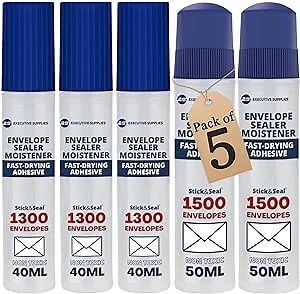 Envelope Moistener Sealer with Adhesive,dab n Seal, Stamp and Letter Glue licker, Fast Drying, Non Toxic,Ideal for envelopes,Stamps,Letters. Seals Upto 6900 Units, 5 Pack, by Executive Supplies
