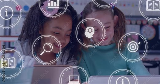 Two students tapping tablets and leaning in classroom, generating learning icons for collaboration