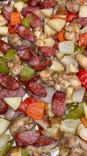 One Pan Chicken & Sausage Full Recipe - Ingredients: •1 Pound Boneless Skinless Chicken Thighs •12 oz Smoked Sausage, sliced •1 Red Bell Pepper, chopped •1 Green Bell Pepper, chopped •1 Medium Yellow Onion, chopped •1 Pound Russet Potatoes, diced Chicken Seasoning: •1 Teaspoon Kosher Salt, or to taste •1 Teaspoon Black Pepper, or to taste •1 Teaspoon Garlic Powder, or to taste •1 Teaspoon Italian Seasoning, or to taste •1 Tablespoon Olive Oil Veggie Seasoning: •1 Teaspoon Kosher Salt, or to tast