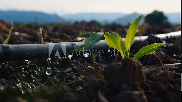 slow motion water drips into soil from drip tape, agriculture drip irrigation system in corn plantation, agricultural technology and saving water
